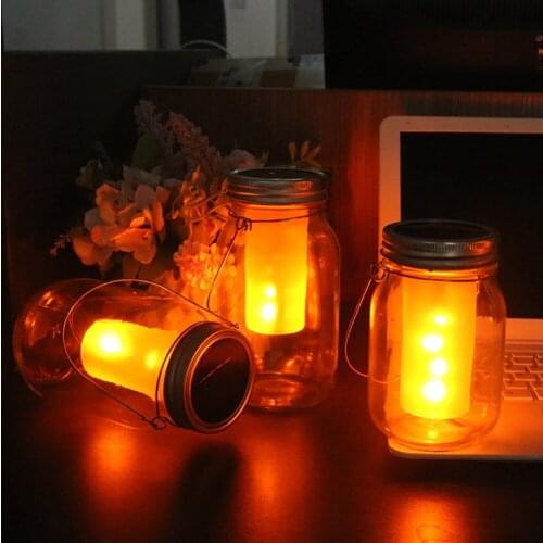 Solar LED Mason Jar Lit Light Torch Simulation Flame Warm Yellow 12 LED Beads Garden Outdoor Bottle Lid Lamp for Hanging Decor