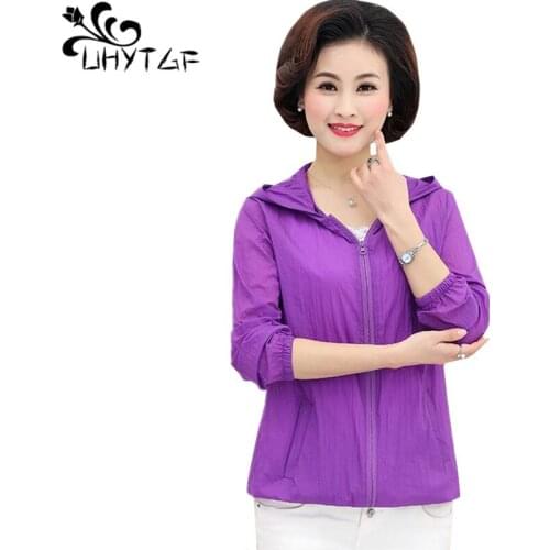 UHYTGF Summer tops jacket womens fashion hooded thin sun protection clothing long-sleeved breathable loose plus size coat 1152