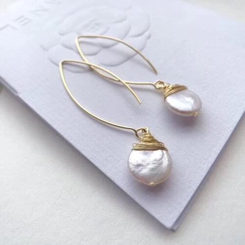 WT-E542 WKT Natural Freshwater Pearl Earring Round Shape Pearl Pendant With Brass Wire Wrap Earring Wedding Earring Jewelry