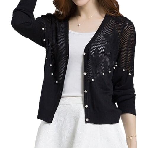 Spring Summer 2019 New Womens Wear Short Style Thin Section Coat V-Neck Crochet Pearls Sunscreen Cheap Cardigan Sweater