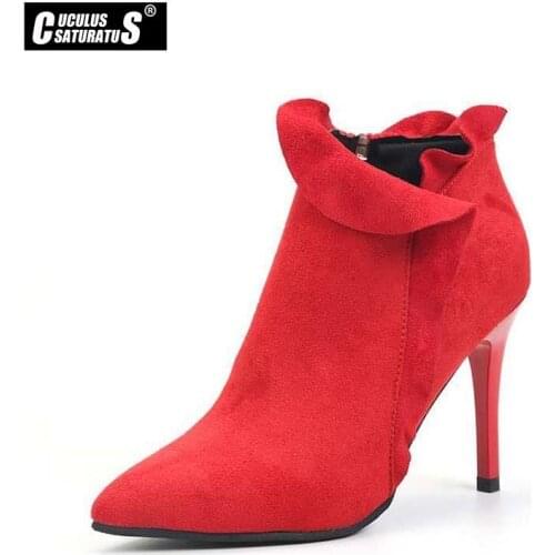 Cuculus 2020 Autumn Winter Ruffles Pointed Toe Fashion Thin High Heels Shoes Woman Boots Ankle Luxury Ladies Boot Black 1033