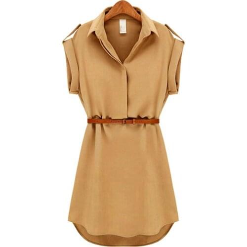Women Sexy Summer Dresses Party Beach Dress Plus Size XXL Girls Short Sleeve Loose Shirt Dress Thin Slim Chiffon Dress with Belt