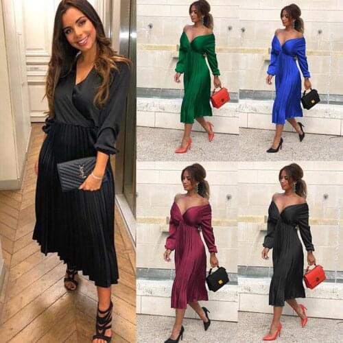 Spring Autumn New Sexy V Neck 3/4 Sleeve High Waist Club Womens Midi Dress 2021 Fashion Casual Solid Slim Pleated Ladies Dress