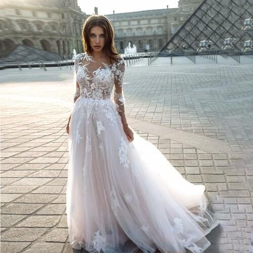 Lace Applique Beads Scoop See Through Long Sleeve Tulle A-Line Wedding Dresses 2020 Vestido De Noiva