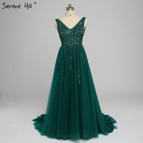 Sexy Dark Green V-neck Backless A-line Evening Dresses Crystal Sequins Long Prom Dress Party Dubai Real Photos BLA6388
