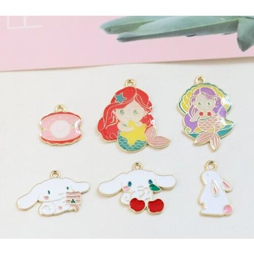 10pcs Children Cute Animal Earrings Women Cartoon rabbit shell mermaid alloy pendant Kids diy jewelry keychain Accessories