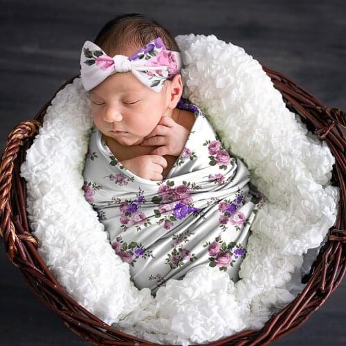 Fashion Newborn Infant Baby Girls Boys Photography Props Blanket Floral Printed Muslin Wrap Feeding Burp Headband 2PCS Suit#P4