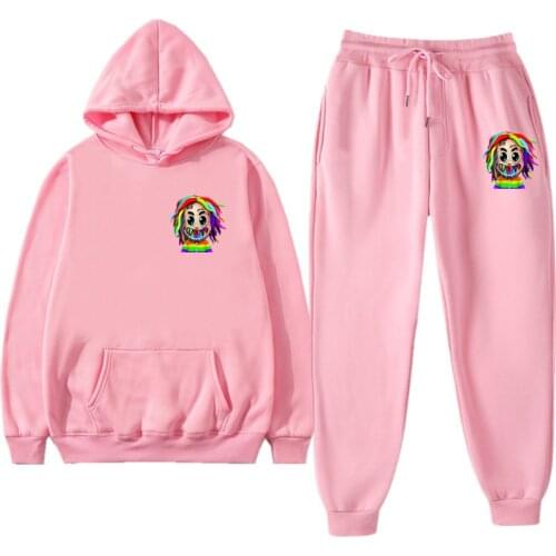 2021 Autumn Winter Men Women Thick Fleece Suit Rapper 6ix9ine Gooba Rainbow 2 Pieces Sets Hoodies Harajuku Sweatshirt And Pants