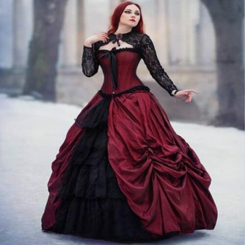 Burgundy Amazing Red And Black Gothic Wedding Dress Ball Gown Medieval Vampire Bride Dress Wedding Gowns robe de mariee 2020