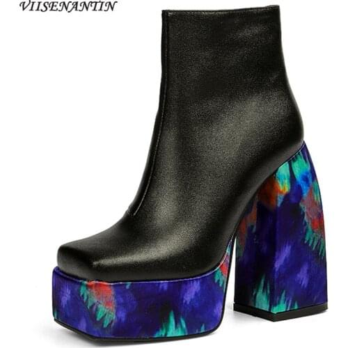 Square Toe Leather Gradient Cloth Printed Heel Platform Ankle Boots Autumn and Winter New Fashion Super High Heel Martin Boots