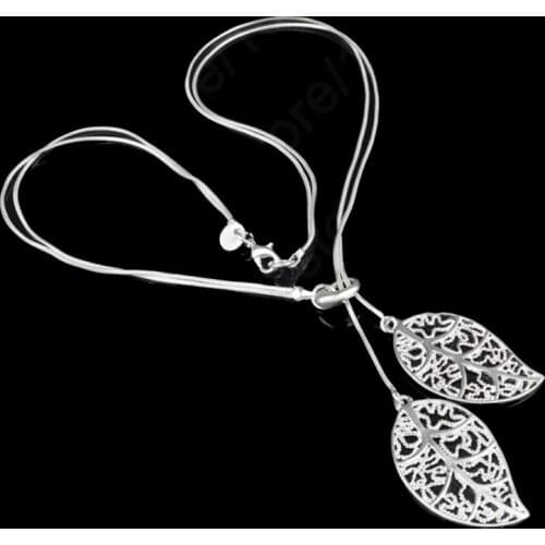 Brand Designer Vintage Double Leaves Pendant Necklaces Collier 925 Sterling Silver Chain Women Elegant Necklace