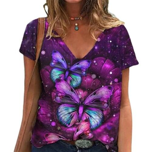 Plus Size 2021 Summer Women T-shirt Fashion Short Sleeve Butterfly Print V Neck Casual Loose T-shirt Top Tees футболка