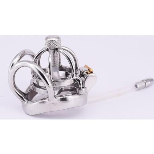 Stainless Steel Male Chastity Cage with Anti-off Ring Small Metal Cockring Curved Testicle Restraints Gear Chastity Devices