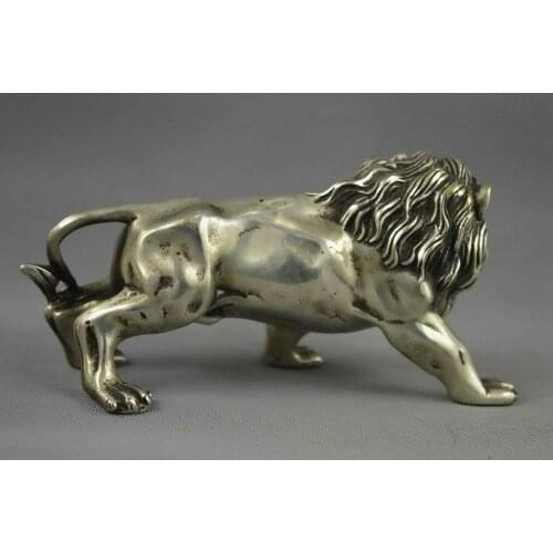 Collectible Decoration Old Miao Silver Carve Fierce lion Statue