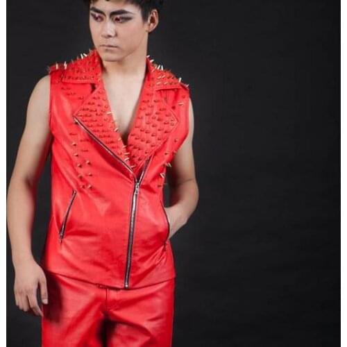 New style Male singer nightbar ds costumes Rivet Motorcycle Leather Vest hip-hop fashion vest