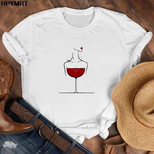Summer Sexy wineglass girl Print T-shirt Women Harajuku Aesthetic Whit Tops Casual Tshirt Kpop Short Sleeve Female T Shirt Tee