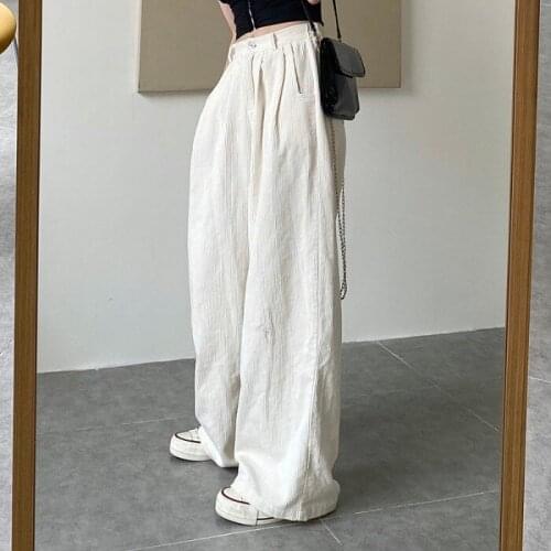 Fashion White Corduroy Pants Women Streetwear Harajuku Casual High Waist Long Pants Korean Solid Loose Wide Leg Trousers Female