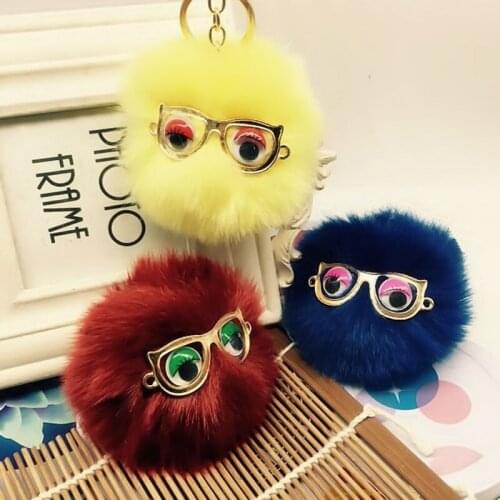 Fashion Eyeglass Fur Ball Keychain imitated Rabbit Fur Pom Pom Plush Key Chain Keyring Men Women Pompom Keychain EH432