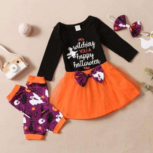 Baby Girls Outfits Four Piece Suit Halloween Letter Long Sleeve Romper Gauze Skirt and Headband and Leg Warmer