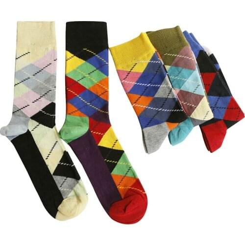 6 Pairs/lot Mens Funny Colorful Combed Cotton Socks Red Argyle Dozen Pack Casual Happy Socks Dress Wedding Socks Size Eur38-44