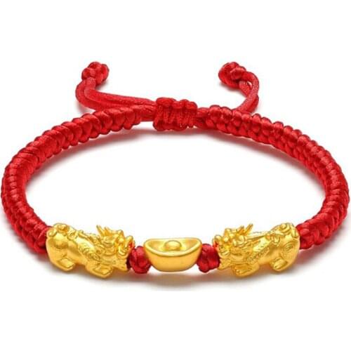 New Design Imitation Gold Pixiu Transfer Lucky Beads Bracelet Female 3D Hard Gold Hand Knotted Red Rope Sand Gold Lovers Jewelry