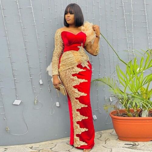 Red And Champagne Mermaid Prom Dresses Aso Ebi Style Sheer Long Sleeves Evening Gowns Floor Length African Formal Party Dress