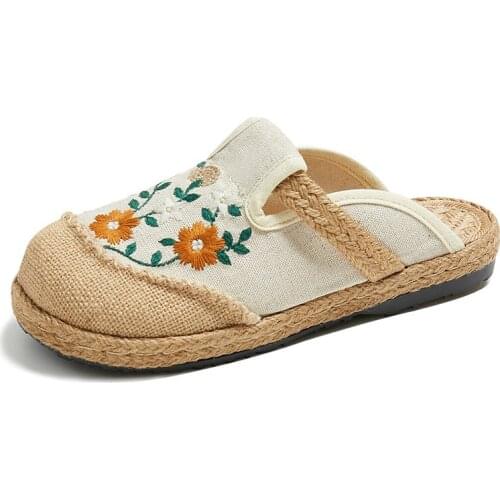 Women Slippers Hemp National Style Embroidery Sandals Shoes Flip Flops Summer Fashion Outdoor Home Slides Slip On Casual Female