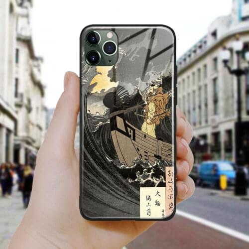 Japanese style Benkei and the moon Silicone Glass Phone Case Cover Shell For iPhone SE 6 6s 7 8 Plus X XR XS 11 12 Mini Pro Max