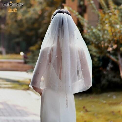 TOPQUEEN V07 Short White Ivory Wedding Veil Pearls Tulle with Hair Comb Elbow Two-layer Bridal Veil for Wedding Banquet