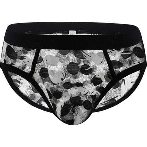 Mens Briefs Sexy Low Rise See Through Breathable Underpants Printing Pattern Male Underwear Nylon Casual Panties Briefs
