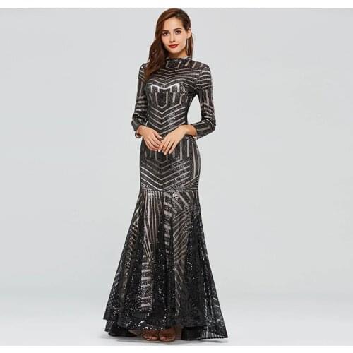 Tanpell high neck evening dress black full sleeves floor length sweep train gown lady formal mermaid plus custom evening dresses