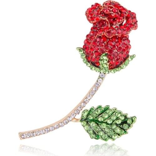 Elegant Flower Brooch Pin Rhinestone Fashion Jewelry Red Rose Brooch Gold Full Rhinestone Metal Pin Ladies Clothing Brooch