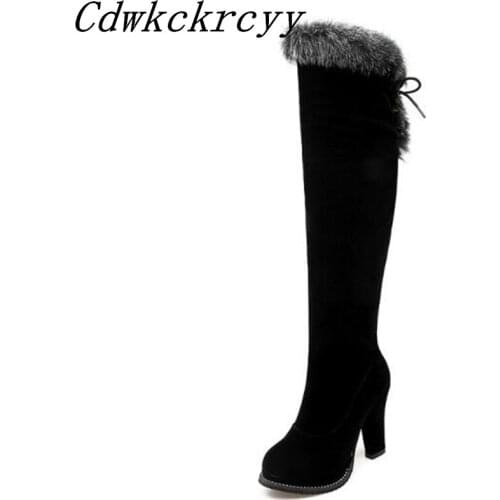 Women Boots Autumn and winter New style Europe and America High-heeled Hairy Boots black Over the knee Chivalry boots size 34-43