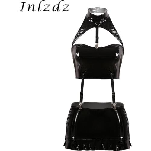Womens Rave Pole Dance Costume Wet Look Patent Leather Lingerie Set Halter Neck Front Cutout Low Back Crop Top with Mini Skirt