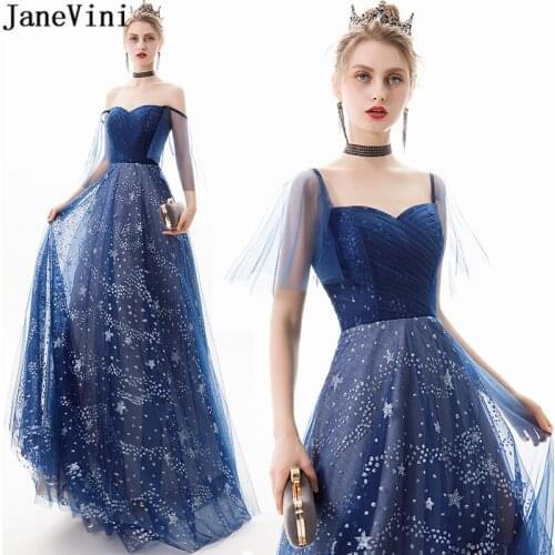 JaneVini Navy Tulle Long Evening Dresses with Glitters A Line Koszulka Nocna Christmas Dress Ladies Pleat Formal Party Gowns