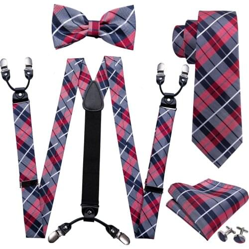 Fashion Pre-Bow Tie Red Plaid Silk Ties For Men Suspenders Handkerchief Cufflink Set Barry.Wang Designer wedding Gift S-2004