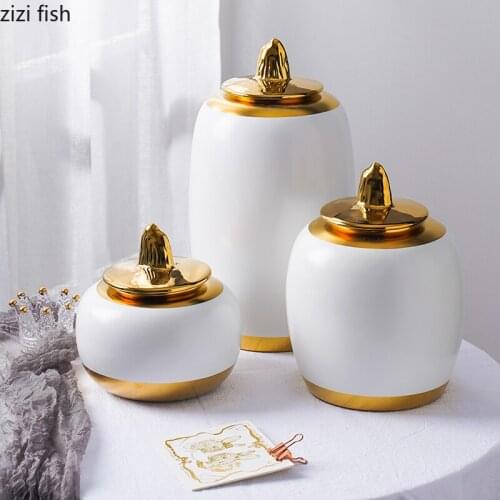 White Vases of Flowers Tabletop Ceramic Vase Gilded Flower Arrangement Quality Porcelain Storage Jar with Golden Cover Ornaments