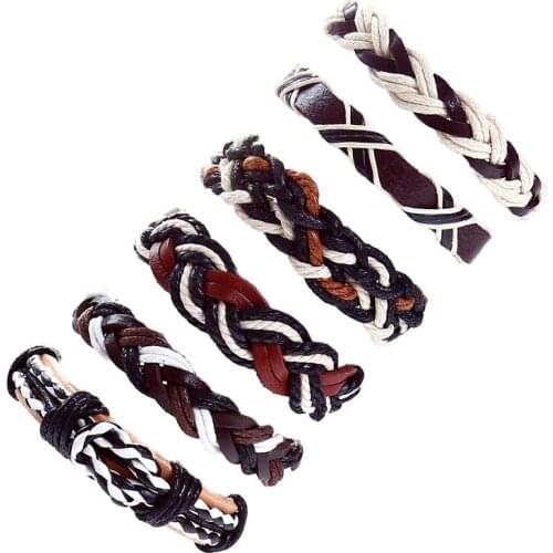 6pcs/set wholesale hippie punk wrap black white brown Leather macrame cord X word knot Layers stackable Bracelet Bangles for man