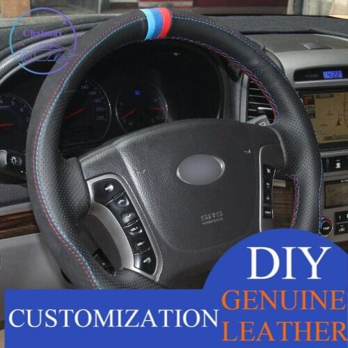 For Hyundai Santa Fe 2006-2012 Black Leather DIY Car Steering Wheel Cover anti-slip design all season