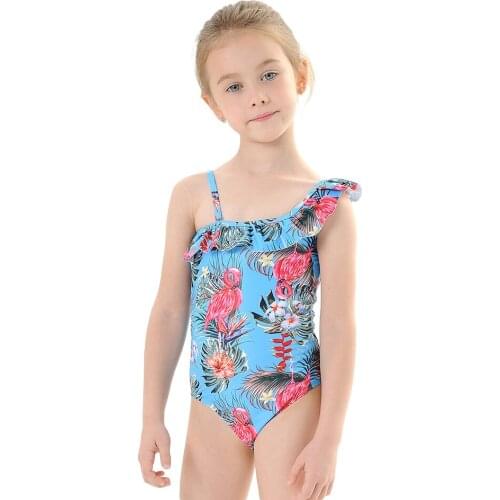 Breathable Little Girls One-piece Swimsuit Summer Children Cute Flamingo Plant Printing Flouncing Swimwear for Vacation Travel