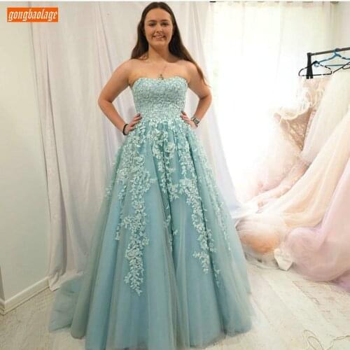 Elegant Blue Evening Dresses Long Strapless Appliqued Lace Up Tulle A Line Formal Dresses Women Garden Custom Made Evening Gowns