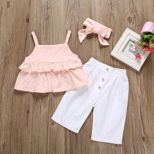 1-5Y Baby Girls Clothes Set 2021 Summer Kids Halter Lace Crop Tops + Mesh Loose Pants + Headband 3Pcs Fashion Girls Outfits