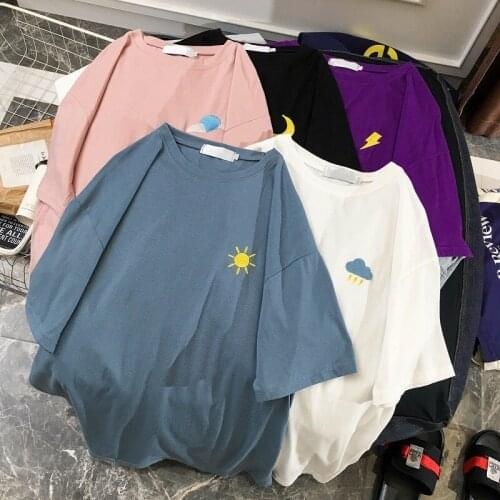 Fashion Women Embroidered T Shirts 2021 Crew Neck Short Sleeve Couple Tops Summer Casual Loose Sweatshirt Basic Tee Top Clothing