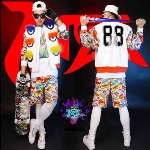 Men singers small monster eye baseball jacket men dj bigbang GD stage Graffiti leather coat with fox feather costumes S-5XL