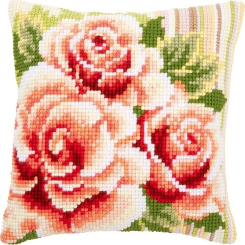 DIY Cross Stitch Cushion Cover Pink Roses Needlepoint Kits Printed Canvas Chunky Yarn Cross-stitch Pillow Case Arts & Crafts