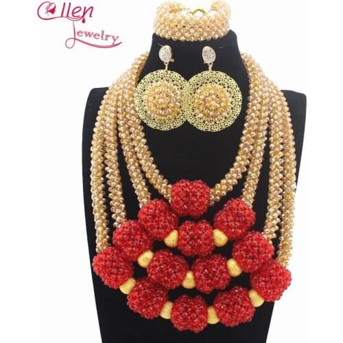 New Handmade Red Wedding African Bold Beads Jewelry Set Nigerian Bridal Costume Necklace Set Gift Free Shipping W13514