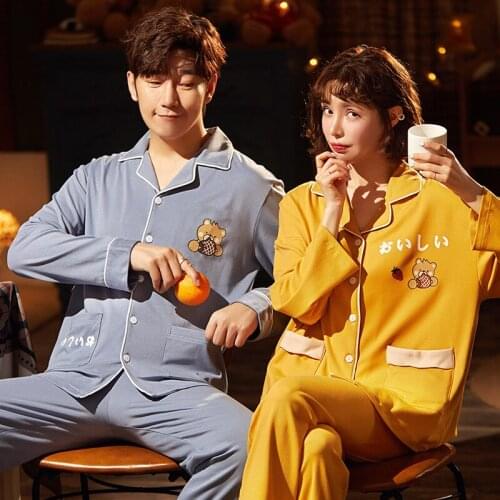 PUREcotton Turn-down Collar ButtonDown Long Sleeve Trousers Boy Girl Pajama Jammies Autumn Couples Lovers Nightwear Pyjamas CKE