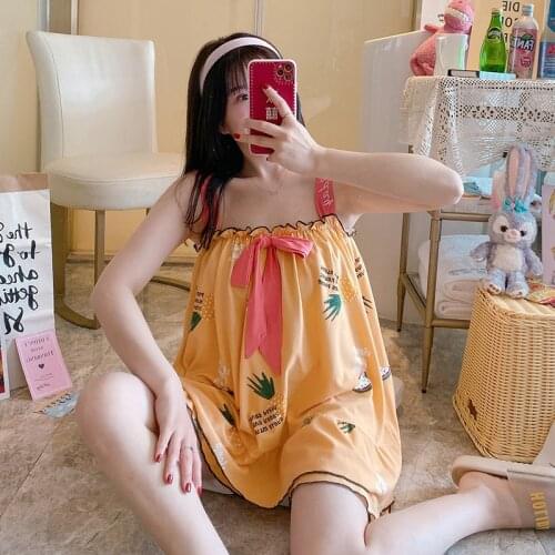 Sling Bow Ruffles Knitted Cotton Cartoon Printing Cute Girls Summer New Designed Ulzzang Comfortable Trendy Pajama Set For Women