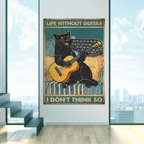 Cat poster-life without guitar I don’t think so poster, black cat poster, funny cat and guitar wall art, vintage musical instrum