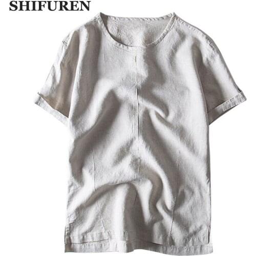SHIFUREN 2019 New Men Cotton Linen Shirts Short Sleeve Tops O-Neck Soft Breathable Causal Male Social Shirts Size M-XXXL